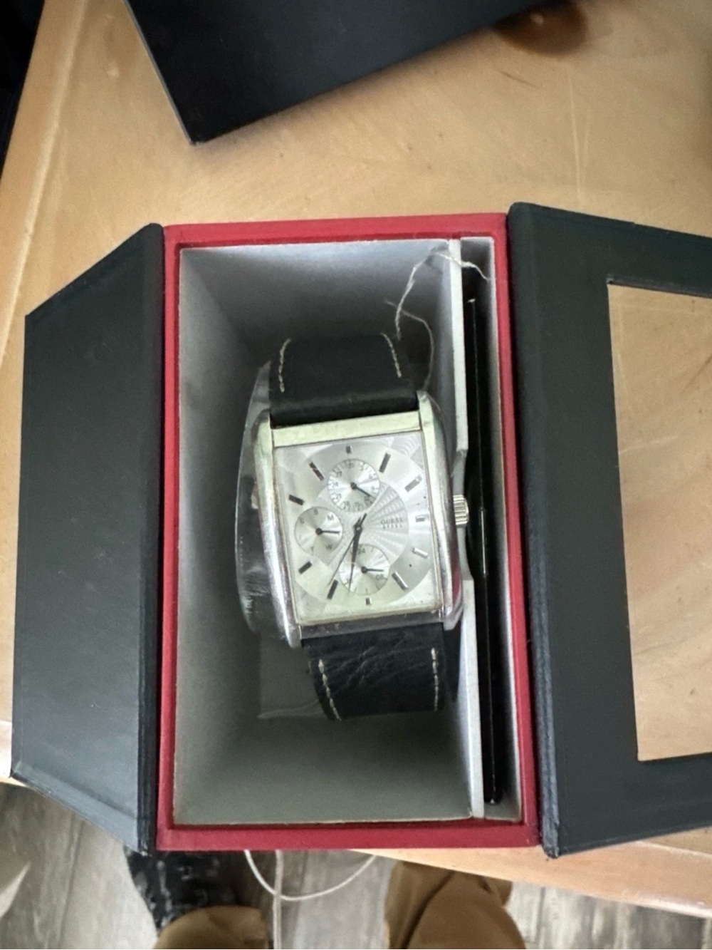 Guess Silver-Tone Square Chronograph Watch with Black Strap
